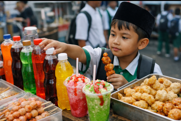 Anak memilih minuman manis dan camilan jalanan yang tinggi gula — ilustrasi risiko diabetes anak